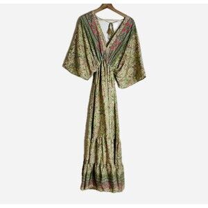 Zury Kaftan Dress Womens One Size Green Paisley Silk Blend Boho Maxi Kimono